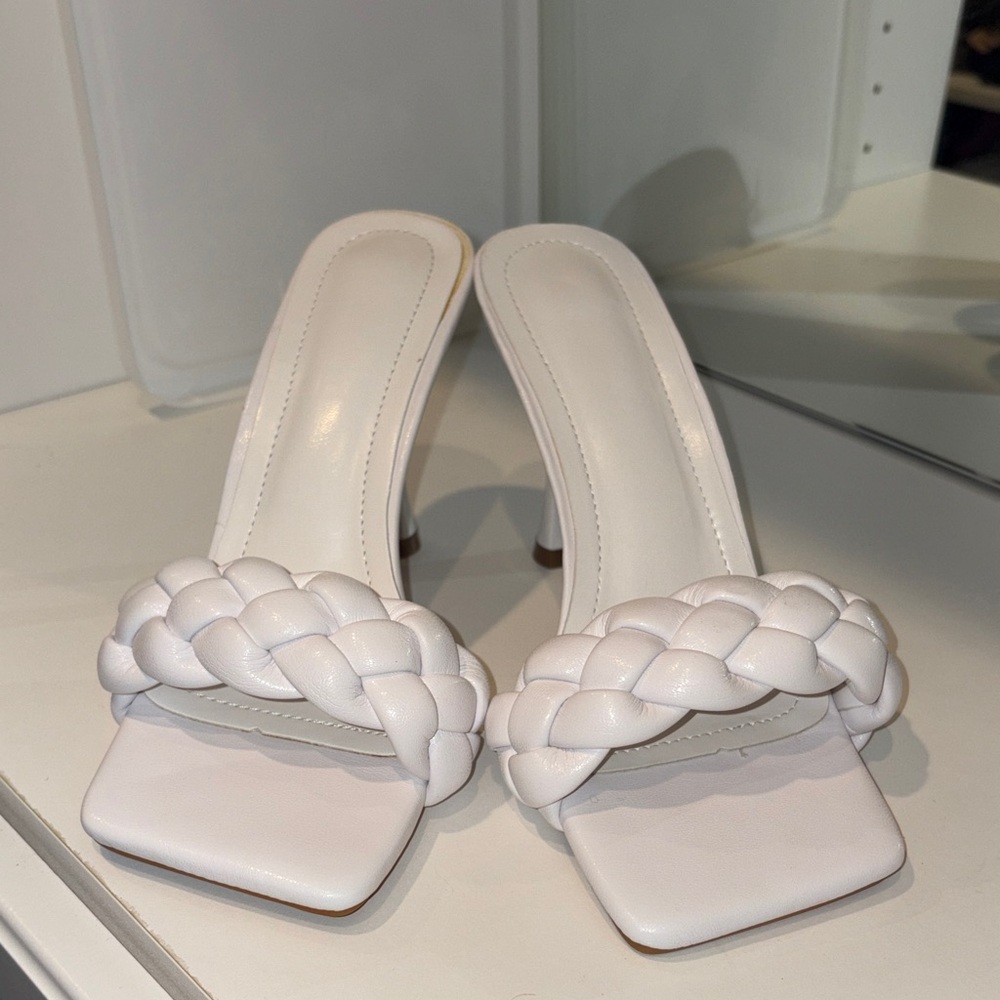 Daydreamer White Braided Square-Toe Slide Heels